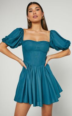 Souza Mini Dress - Fit and Flare Puff Sleeve Corset Dress in Jade Green | Showpo USA Green Puff Sleeve Dress, Weekend Activities, Corset Mini Dress, White Coat, Puffed Sleeves Dress, Corset Style, Spring Season, Jade Green, Dance Dresses