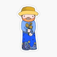 a sticker with an image of a man holding sunflowers in his hands