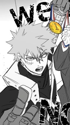 an anime character holding a gold medal with the words one punch in front of him