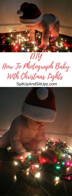 a baby wearing a santa hat sitting in front of christmas lights