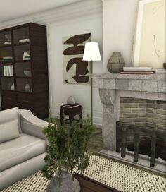 a living room filled with furniture and a fire place in front of a painting on the wall