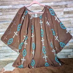 Nwt Cowgirl Hardware Chocolate Brown With Turquoise Color Crosses And Aztec Print Sheer Tunic Size 3x Measures 27" P To P 32" Long Print Tunic, Aztec Print, Turquoise Color, Chocolate Brown, Blue Brown, Tunic Tops, Womens Tops, Turquoise, Women Shopping