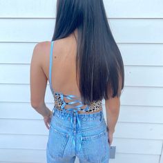 Leopard print crop with lace up adjustable back 95% Polyester 5% Spandex Size and Fit: Model height 5’2” wearing size Small Blue Leopard Print, Blue Leopard, Leopard Print Top, Blue Top, Shine Bright, Print Top, Bright Blue, Model Height, Leopard Print