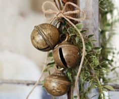 three bells hanging from a wooden pole with greenery on it and tied to the side