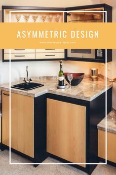 an image of a kitchen setting with the words asymmetric design above it and below it