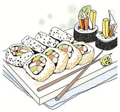 sushi and chopsticks on a tray with watercolor drawing style illustration in the background