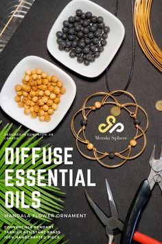 an assortment of different items on a table with the words diffuse essential oils above them