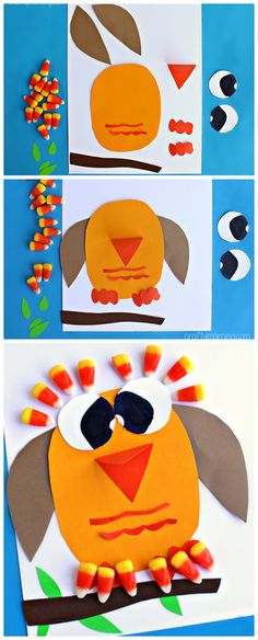 an owl made out of construction paper and candy corn on the bottom, with two pictures of