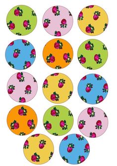 six circles with strawberrys on them in different colors and sizes, all showing the same pattern