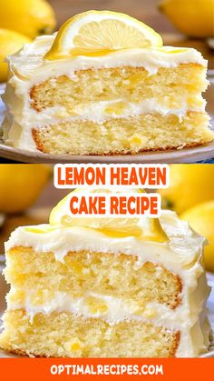 two pictures of lemon cake with white frosting and sliced lemons in the background