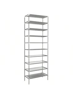 a metal shelf with four shelves on each side and one shelf below it, against a white background