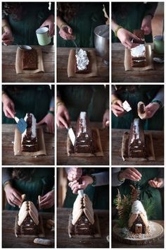 the process of making a gingerbread house with chocolate icing and marshmallows