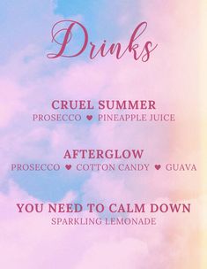 the menu for drinks is shown in pink, blue and purple colors with clouds behind it