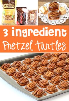 three ingredient pretzel turtles on a baking sheet and in the background there is a tray of cookies