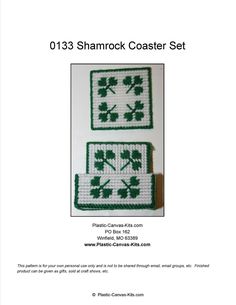 two shamrock coasters are shown in green and white crocheted pattern, with the words shamrock coaster set written below them