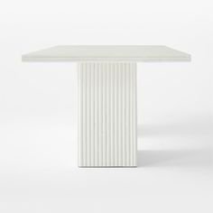 a white square table with vertical lines on the top and bottom, against a white background