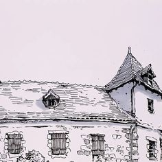 an ink drawing of a house with windows