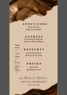 the menu for an appetizer's dinner is shown in brown and white