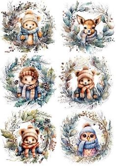 four pictures of teddy bears with hats and scarves