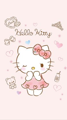 a hello kitty wallpaper with hearts and stars on the bottom, and an image of a