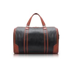 a black and brown leather duffel bag