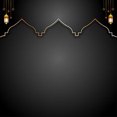 a black and gold islamic background with hanging lanterns, stars and lights on the ceiling