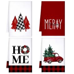 christmas kitchen towels with red truck, pine tree and merry word on the left side