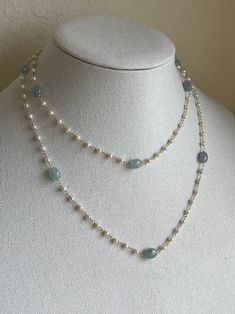 Aquamarine and Pearl Necklace March Birthstone White and | Etsy Pearl Bead Jewelry, Pearls And Beads Necklace, Blue Pearl Necklaces With Gemstone Beads, Blue Gemstone Pearl Necklace, Elegant Beaded Necklaces, Home Made Necklaces Ideas, Aquamarine Jewelry Necklace, Handmade Necklace Ideas, Pearl Necklace Layering