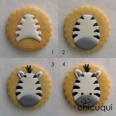 four cookies decorated to look like zebras