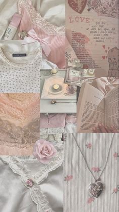 the collage shows many different things in pink, white and grey colors with hearts on them