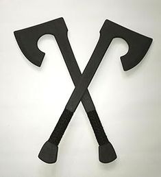 two large black handled axes on a white background