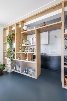 an open shelving unit in a kitchen with potted plants