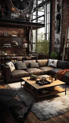 a living room filled with furniture and a large clock hanging from the wall above it