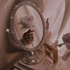 a person's hand holding a flower in front of a mirror on top of a stack of books