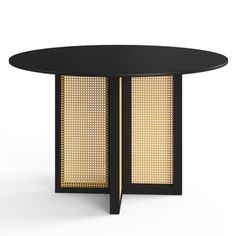 a black table with gold accents on the top and bottom, against a white background