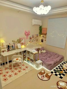 a bedroom with a bed, desk and chair in it's center area next to a checkered rug on the floor