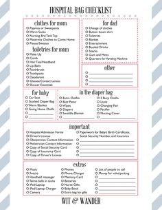 the printable hospital bag checklist is shown in red and white stripes, with text on