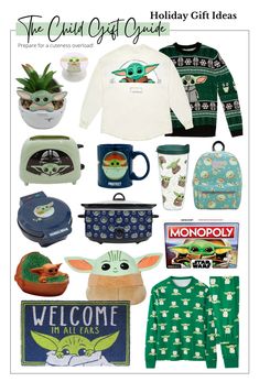 an assortment of holiday gifts for the child in your life, including sweaters and mugs