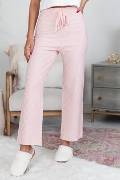 Details Pink Textured Checkered Lounge Pant Sweater fabric is very stretchy Elastic waistband with functional draw string closure Pair these pants with a fuzzy tank and slippers! Unlined Size small from waist to hem: 39" Material and Care 50% viscose, 28% polyester, 22% nylon Hand wash cold, Lay flat to dry Patterns may vary Materials may have natural variations Colors may vary from different viewing devices. One Thing At A Time, Cocktail Dress Wedding Guest, Sweater Fabric, Pink Texture, Red Romper, Pink Rompers, Blue Romper, White Romper, Knitted Slippers