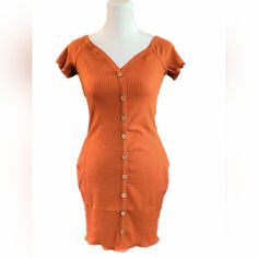 Beautiful Ribbed, Textured, Bodycon Dress With Button Accent Front. Wide V-Neck Can Be Worn Off The Shoulders. Cap Sleeve. Rust Orange, Color Perfect For Fall Layering! Trendy V-neck Mini Dress With Buttons, Brown V-neck Mini Dress With Buttons, Spring Bodycon Mini Dress With Buttons, Fitted Brown Midi Dress With Buttons, Cotton V-neck Mini Dress With Button Closure, Cotton V-neck Mini Dress With Buttons, Spring Mini Bodycon Dress With Buttons, Fitted Casual Midi Dress With Buttons, Casual Fitted Midi Dress With Buttons