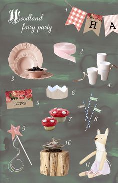 a poster with different items on it including cupcakes, plates and napkins