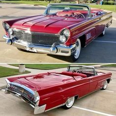 an old red car parked in a parking lot next to another one with the hood up