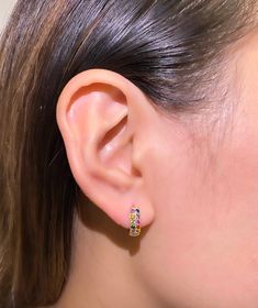 Gold rainbow rhinestone huggie hoop earrings. Limited Quantities Available Multicolor Huggie Hoop Earrings, Small Rainbow Hoop Earrings For Pierced Ears, Huggie Earring, May 2023, Huggie Hoop Earrings, Huggies Earrings, Ear Cuff, Diamond Earrings, Etsy Earrings