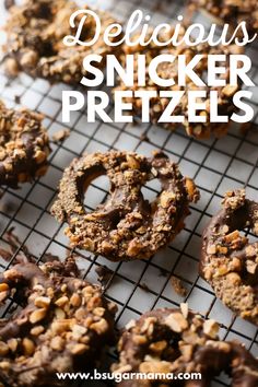 delicious and nutritious snickker pretzels on a cooling rack with text overlay