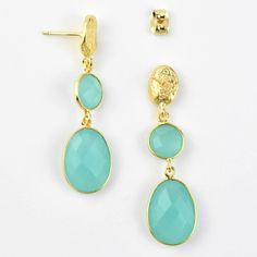 Handmade in Turkey Gold plate over brass Aqua Chalcedony stones Earrings measure about 1.5" long Post style earrings Click HERE to see more jewelry from AJS Design Matching necklace Goldmakers Jewelry Mission Statement Goldmakers Jewelry creates and curates a comprehensive selection of artfully designed hand-crafted jewelry. We aspire to offer the jewelry enthusiast access to affordable classics as well as fresh innovative designs. Brass Drop Earrings With Matching Details, Brass Drop Earrings With Matching Set, Brass Drop Jewelry With Matching Earrings, Faceted Brass Drop Earrings, Gold Faceted Chandelier Earrings As Gift, Gold Chandelier Earrings With Natural Stones For Gift, Stones Earrings, Artfully Designed, Chalcedony Stone