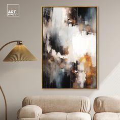 an abstract painting hangs on the wall above a couch in a room with a lamp