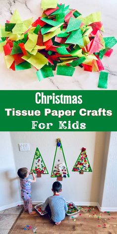 Contact paper crafts are simple to set up and endless fun for kids of all ages. Make easy Christmas decorations using contact paper and tissue paper. Your kids will love it! Make these into stain glass decorations for your windows! So cheap and simple. Christmas Craft Tissue Paper, Christmas Project For Toddler, Kids Xmas Decorations, December Craft For Kids, Christmas Craft Two Year Old, Tissue Paper Trees Christmas, Christmas Tiles Crafts For Kids, Kids Simple Christmas Crafts, Contact Paper Christmas Crafts