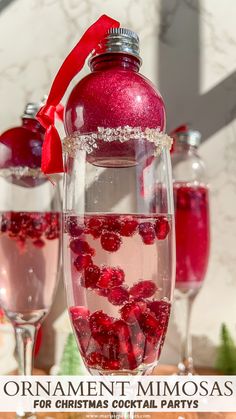 two wine glasses filled with pink liquid and garnished with pomegranates