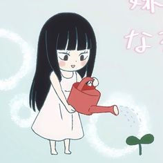 a girl holding a red watering can in her hand