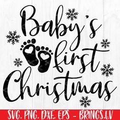 the baby's first christmas svg file is shown with snowflakes on it